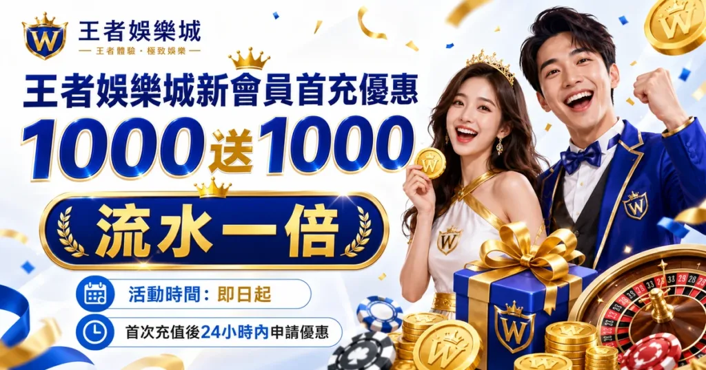 王者娛樂城新會員首充優惠｜首儲1000送1000，一倍流水即可申請出款